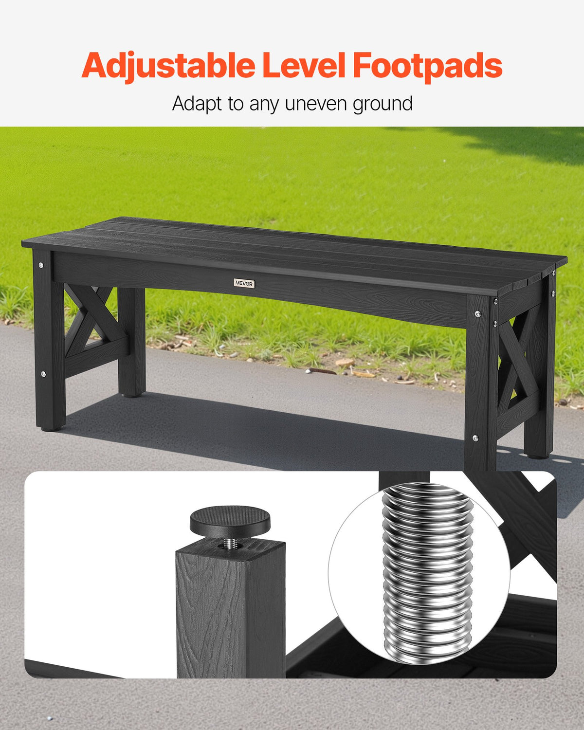 VEVOR Outdoor Bench 113 cm, Load Capacity 272 kg, Weather-Resistant Plastic Frame with Adjustable Foot Pads and Reinforced Legs, Suitable for Terrace, Garden, Park, Patio and Porches, Black