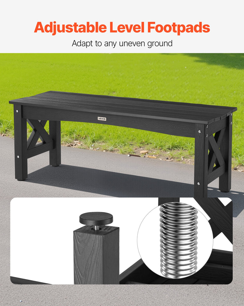 Āra sols 113 cm, izturība līdz 272 kg, laikapstākļu izturīgs plastmasas rāmis ar regulējamām kāju pamatnēm un pastiprinātām kājām, piemērots terasei, dārzam, parkam, pagalmam un lieveņiem, melns