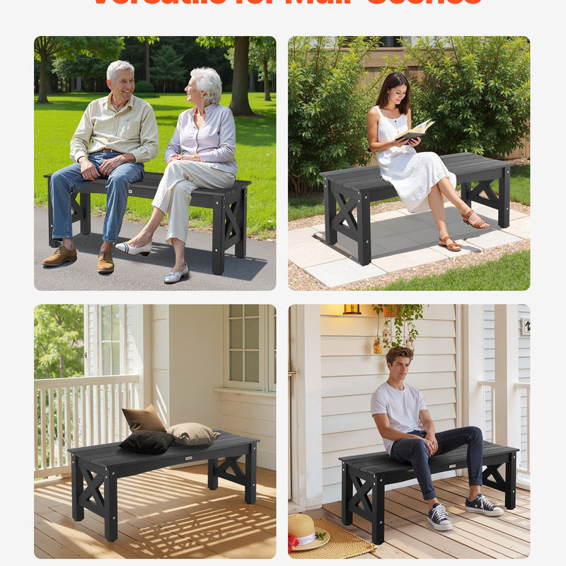 Āra sols 113 cm, izturība līdz 272 kg, laikapstākļu izturīgs plastmasas rāmis ar regulējamām kāju pamatnēm un pastiprinātām kājām, piemērots terasei, dārzam, parkam, pagalmam un lieveņiem, melns