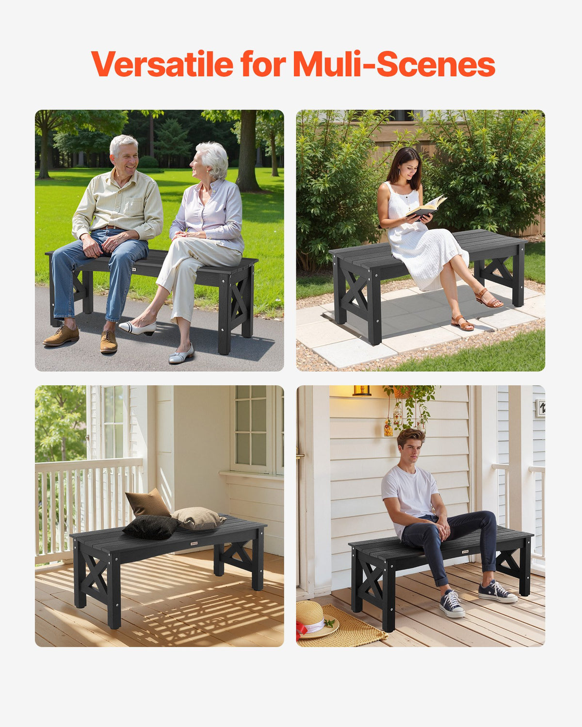 VEVOR Outdoor Bench 113 cm, Load Capacity 272 kg, Weather-Resistant Plastic Frame with Adjustable Foot Pads and Reinforced Legs, Suitable for Terrace, Garden, Park, Patio and Porches, Black