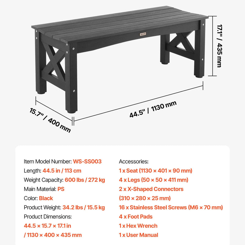 Āra sols 113 cm, izturība līdz 272 kg, laikapstākļu izturīgs plastmasas rāmis ar regulējamām kāju pamatnēm un pastiprinātām kājām, piemērots terasei, dārzam, parkam, pagalmam un lieveņiem, melns