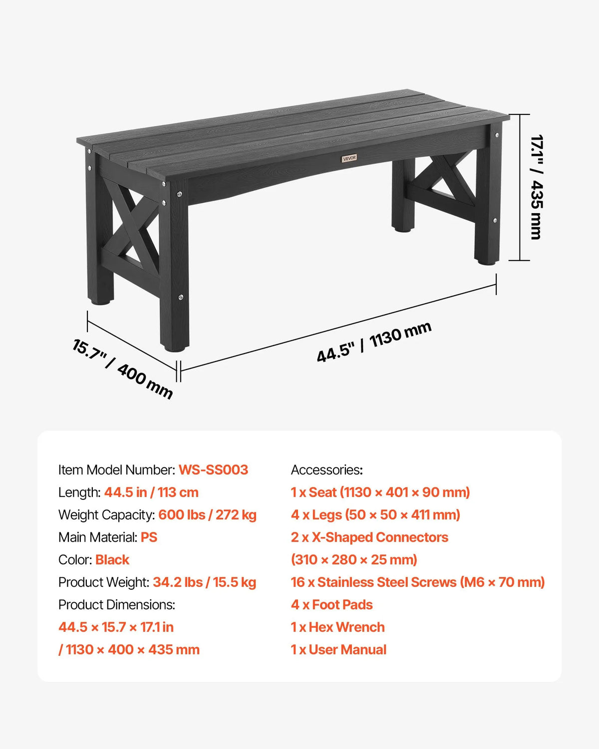 VEVOR Outdoor Bench 113 cm, Load Capacity 272 kg, Weather-Resistant Plastic Frame with Adjustable Foot Pads and Reinforced Legs, Suitable for Terrace, Garden, Park, Patio and Porches, Black
