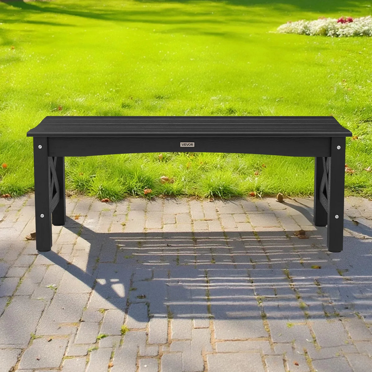 VEVOR Outdoor Bench 113 cm, Load Capacity 272 kg, Weather-Resistant Plastic Frame with Adjustable Foot Pads and Reinforced Legs, Suitable for Terrace, Garden, Park, Patio and Porches, Black