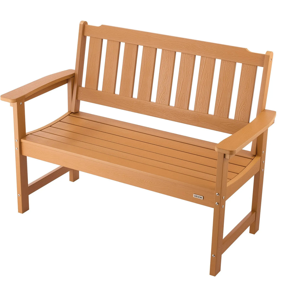 VEVOR Outdoor Bench 128 cm, Load Capacity 363 kg, Seats 2–3 People, Weather-Resistant Plastic Frame with Backrest and Wide Armrests, Suitable for Terrace, Garden, Park, Patio and Porches, Natural Wood Colour