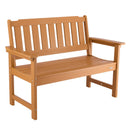 Āra sols 128 cm, izturība līdz 363 kg, paredzēts 2–3 personām, laikapstākļu izturīgs plastmasas rāmis ar atzveltni un platiem roku balstiem, piemērots terasei, dārzam, parkam, pagalmam un lieveņiem, dabīga koka krāsā