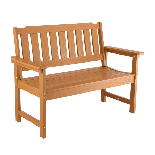 Āra sols 128 cm, izturība līdz 363 kg, paredzēts 2–3 personām, laikapstākļu izturīgs plastmasas rāmis ar atzveltni un platiem roku balstiem, piemērots terasei, dārzam, parkam, pagalmam un lieveņiem, dabīga koka krāsā