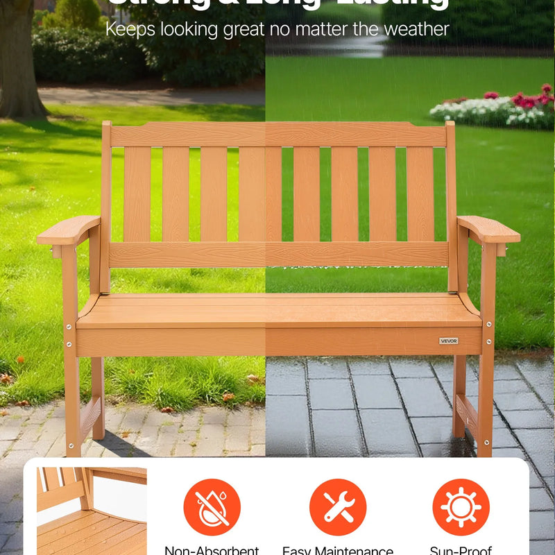 Āra sols 128 cm, izturība līdz 363 kg, paredzēts 2–3 personām, laikapstākļu izturīgs plastmasas rāmis ar atzveltni un platiem roku balstiem, piemērots terasei, dārzam, parkam, pagalmam un lieveņiem, dabīga koka krāsā