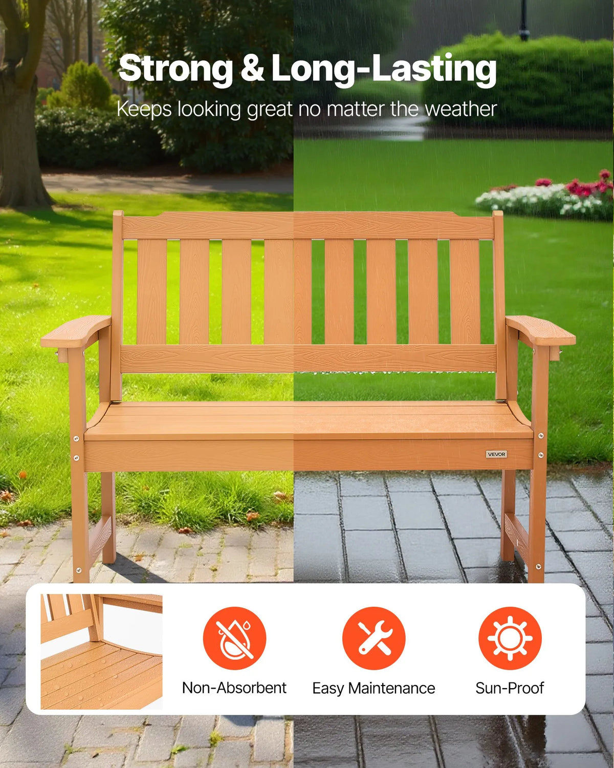 VEVOR Outdoor Bench 128 cm, Load Capacity 363 kg, Seats 2–3 People, Weather-Resistant Plastic Frame with Backrest and Wide Armrests, Suitable for Terrace, Garden, Park, Patio and Porches, Natural Wood Colour