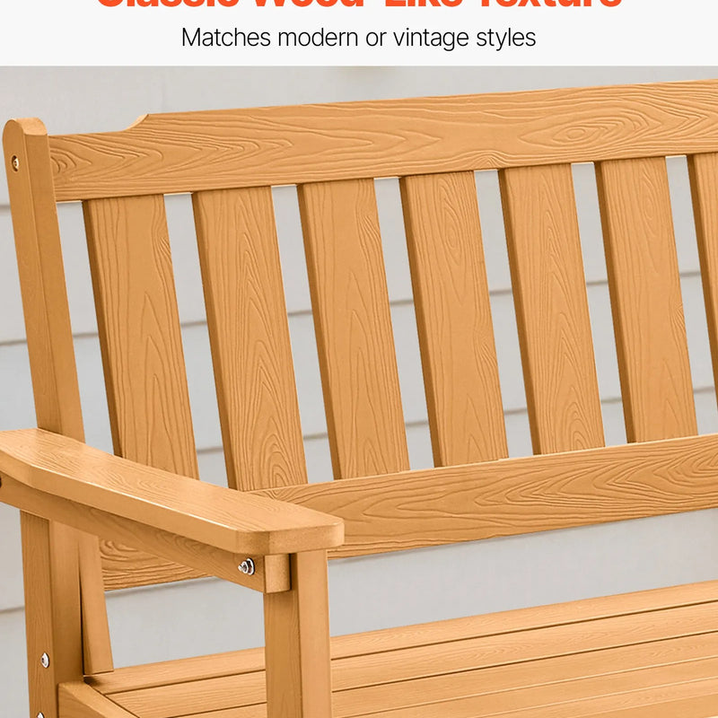 Āra sols 128 cm, izturība līdz 363 kg, paredzēts 2–3 personām, laikapstākļu izturīgs plastmasas rāmis ar atzveltni un platiem roku balstiem, piemērots terasei, dārzam, parkam, pagalmam un lieveņiem, dabīga koka krāsā