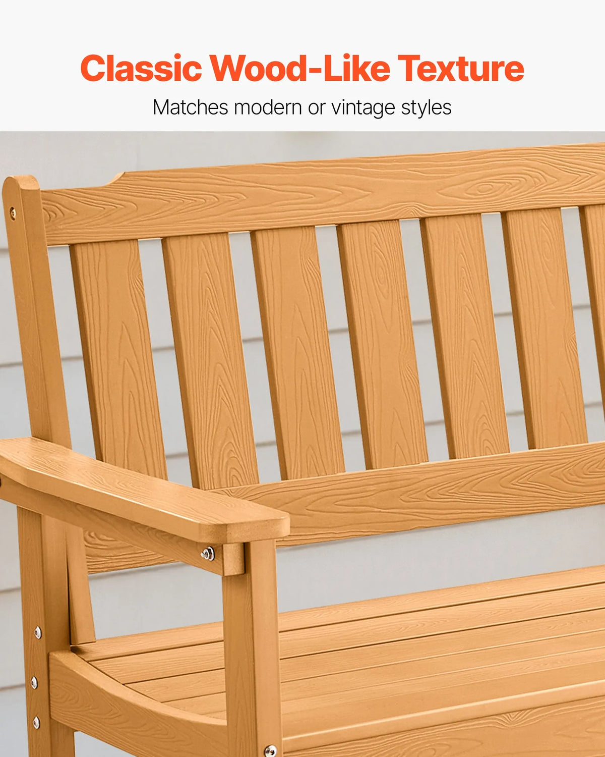 VEVOR Outdoor Bench 128 cm, Load Capacity 363 kg, Seats 2–3 People, Weather-Resistant Plastic Frame with Backrest and Wide Armrests, Suitable for Terrace, Garden, Park, Patio and Porches, Natural Wood Colour