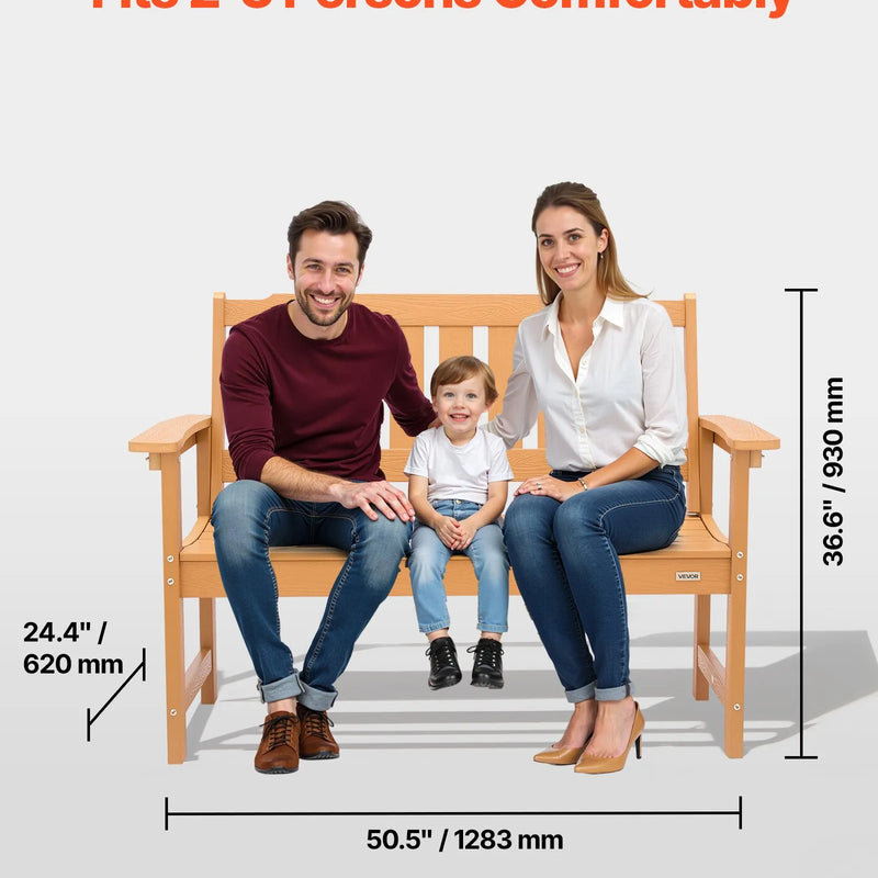Āra sols 128 cm, izturība līdz 363 kg, paredzēts 2–3 personām, laikapstākļu izturīgs plastmasas rāmis ar atzveltni un platiem roku balstiem, piemērots terasei, dārzam, parkam, pagalmam un lieveņiem, dabīga koka krāsā