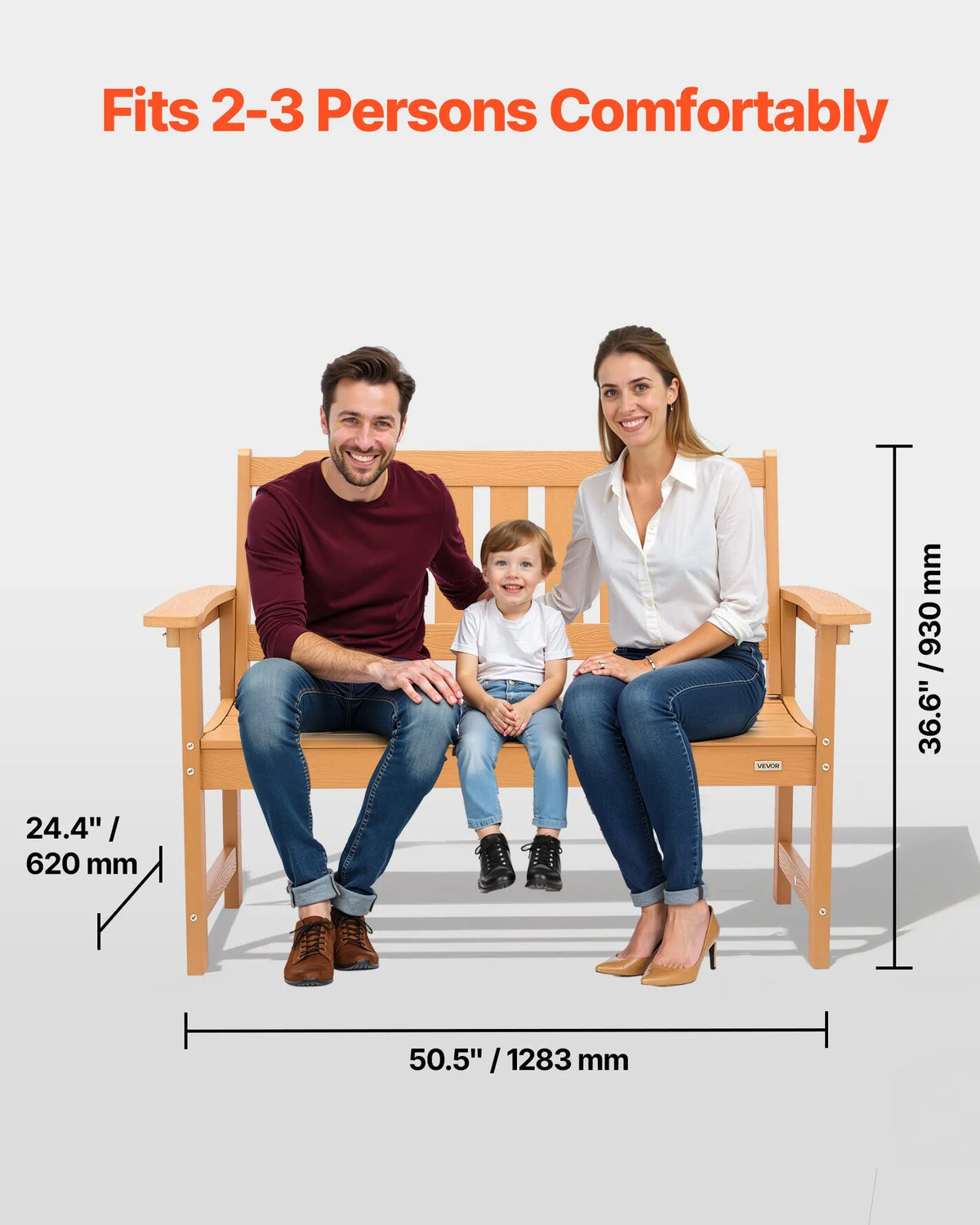 VEVOR Outdoor Bench 128 cm, Load Capacity 363 kg, Seats 2–3 People, Weather-Resistant Plastic Frame with Backrest and Wide Armrests, Suitable for Terrace, Garden, Park, Patio and Porches, Natural Wood Colour