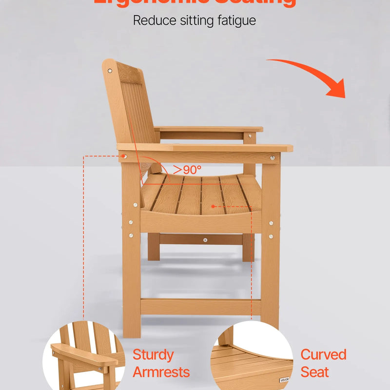 Āra sols 128 cm, izturība līdz 363 kg, paredzēts 2–3 personām, laikapstākļu izturīgs plastmasas rāmis ar atzveltni un platiem roku balstiem, piemērots terasei, dārzam, parkam, pagalmam un lieveņiem, dabīga koka krāsā