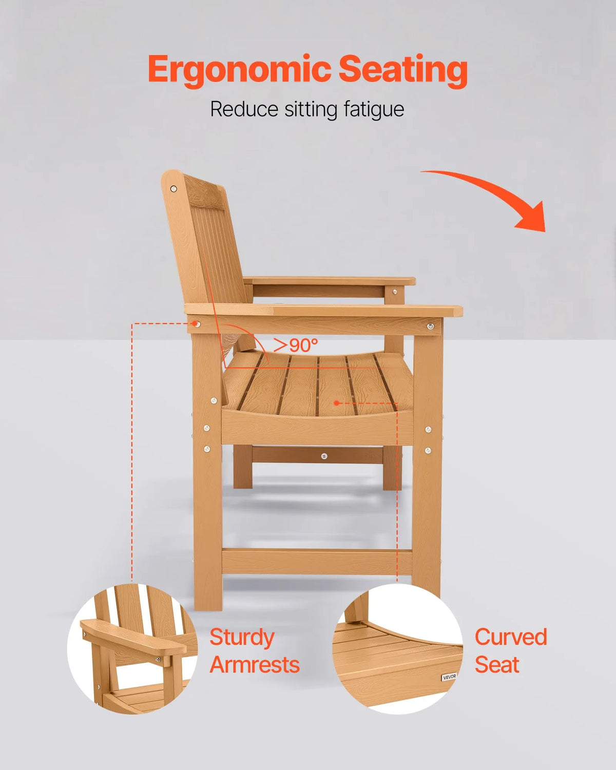 VEVOR Outdoor Bench 128 cm, Load Capacity 363 kg, Seats 2–3 People, Weather-Resistant Plastic Frame with Backrest and Wide Armrests, Suitable for Terrace, Garden, Park, Patio and Porches, Natural Wood Colour