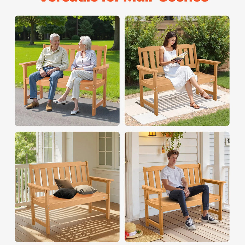 Āra sols 128 cm, izturība līdz 363 kg, paredzēts 2–3 personām, laikapstākļu izturīgs plastmasas rāmis ar atzveltni un platiem roku balstiem, piemērots terasei, dārzam, parkam, pagalmam un lieveņiem, dabīga koka krāsā