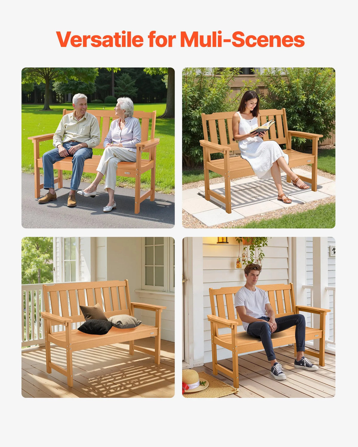 VEVOR Outdoor Bench 128 cm, Load Capacity 363 kg, Seats 2–3 People, Weather-Resistant Plastic Frame with Backrest and Wide Armrests, Suitable for Terrace, Garden, Park, Patio and Porches, Natural Wood Colour