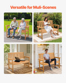 Āra sols 128 cm, izturība līdz 363 kg, paredzēts 2–3 personām, laikapstākļu izturīgs plastmasas rāmis ar atzveltni un platiem roku balstiem, piemērots terasei, dārzam, parkam, pagalmam un lieveņiem, dabīga koka krāsā