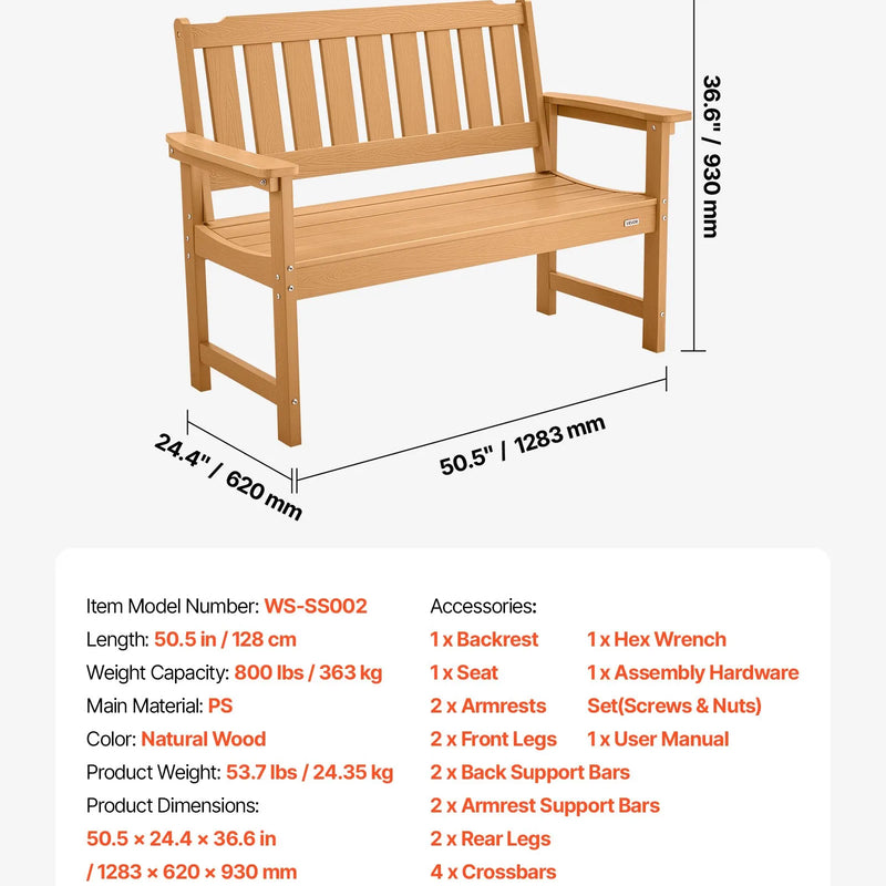 Āra sols 128 cm, izturība līdz 363 kg, paredzēts 2–3 personām, laikapstākļu izturīgs plastmasas rāmis ar atzveltni un platiem roku balstiem, piemērots terasei, dārzam, parkam, pagalmam un lieveņiem, dabīga koka krāsā
