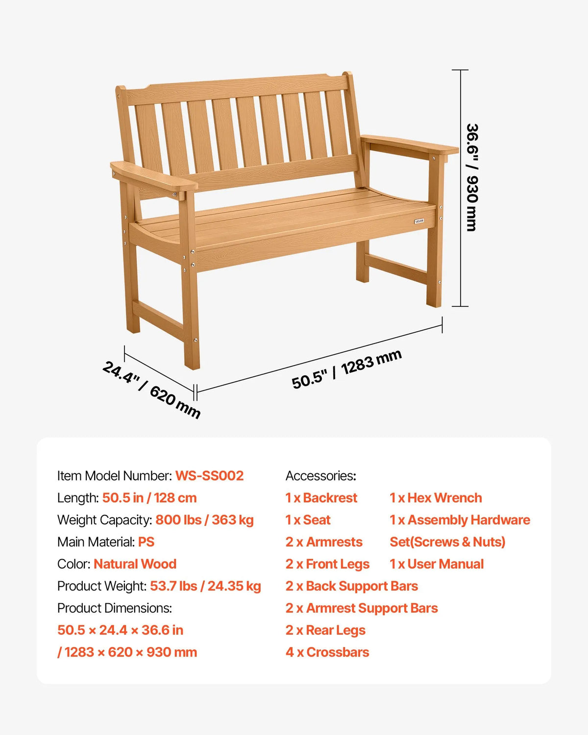 VEVOR Outdoor Bench 128 cm, Load Capacity 363 kg, Seats 2–3 People, Weather-Resistant Plastic Frame with Backrest and Wide Armrests, Suitable for Terrace, Garden, Park, Patio and Porches, Natural Wood Colour