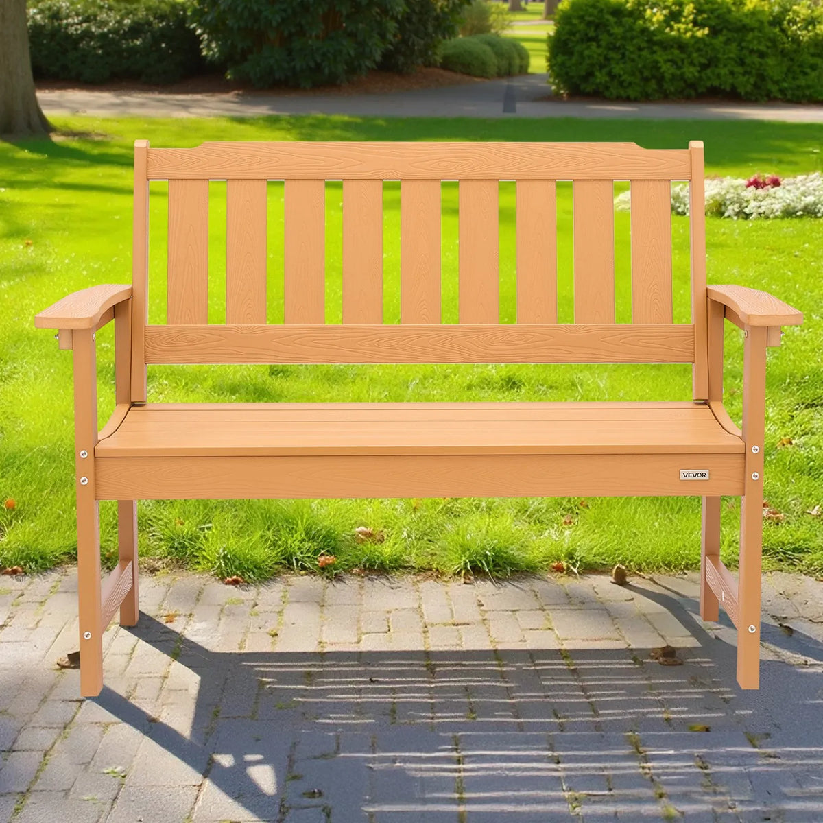 VEVOR Outdoor Bench 128 cm, Load Capacity 363 kg, Seats 2–3 People, Weather-Resistant Plastic Frame with Backrest and Wide Armrests, Suitable for Terrace, Garden, Park, Patio and Porches, Natural Wood Colour