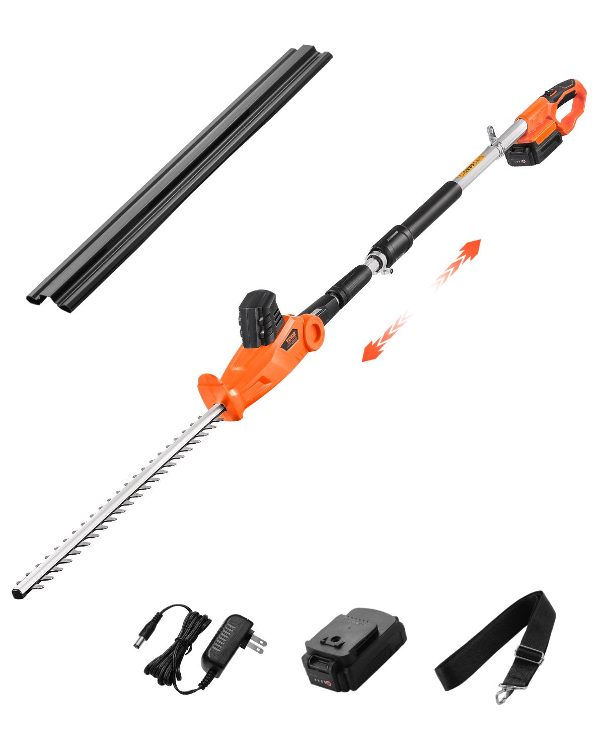 VEVOR Cordless Electric Hedge Trimmer with 20 V Battery, 1200 RPM, Extendable from 1.9 m to 2.4 m, 510 mm Blade, 5-Angle Adjustment for High Branches and Garden Maintenance