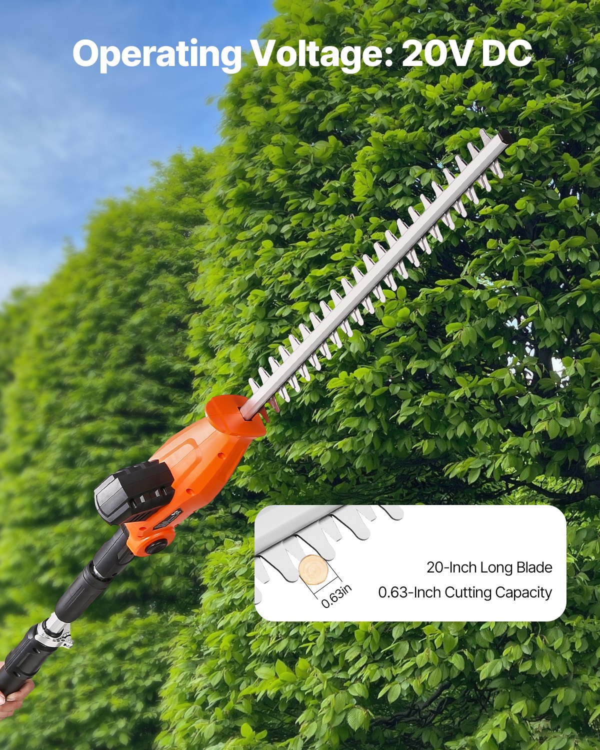 VEVOR Cordless Electric Hedge Trimmer with 20 V Battery, 1200 RPM, Extendable from 1.9 m to 2.4 m, 510 mm Blade, 5-Angle Adjustment for High Branches and Garden Maintenance