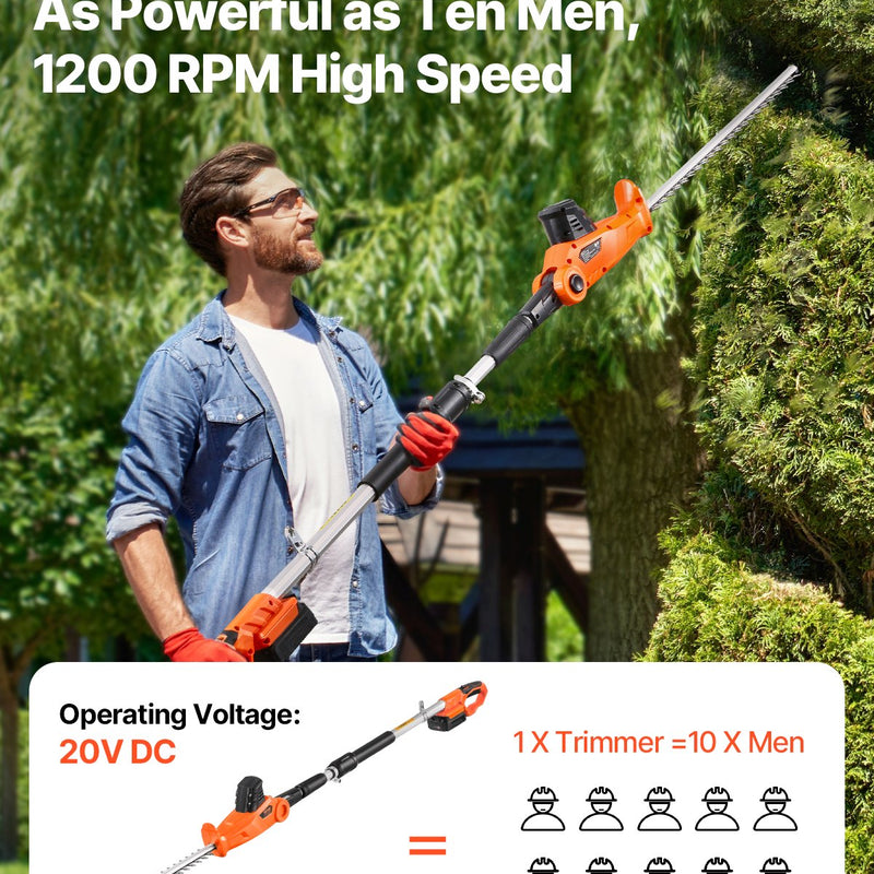 VEVOR bezvadu elektriskais dzīvžogu griezējs ar 20 V akumulatoru, 1200 apgr./min, pagarināms no 1,9 m līdz 2,4 m, 510 mm asmens, 5 leņķu regulēšana augstu zaru un dārza kopšanai