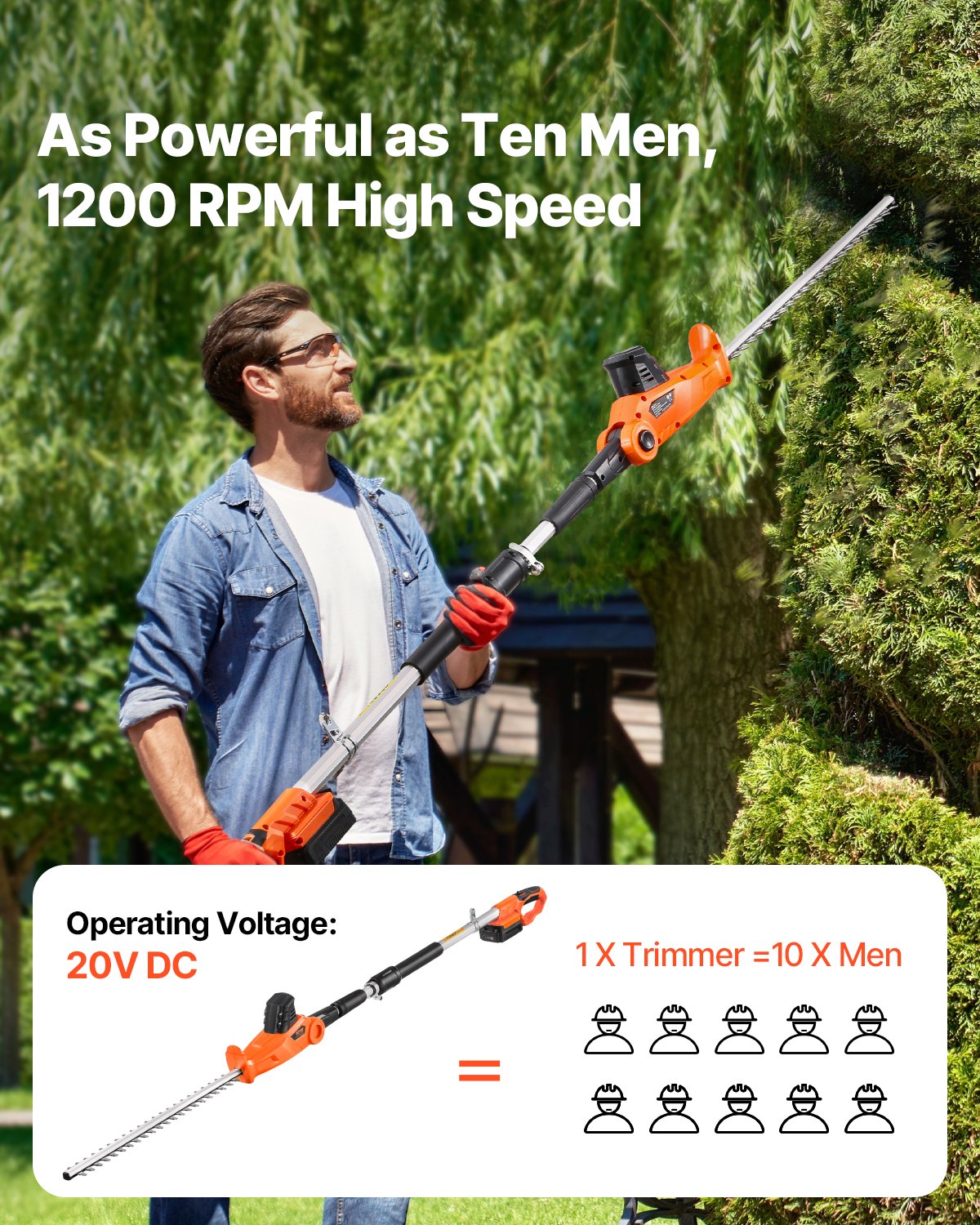 VEVOR Cordless Electric Hedge Trimmer with 20 V Battery, 1200 RPM, Extendable from 1.9 m to 2.4 m, 510 mm Blade, 5-Angle Adjustment for High Branches and Garden Maintenance