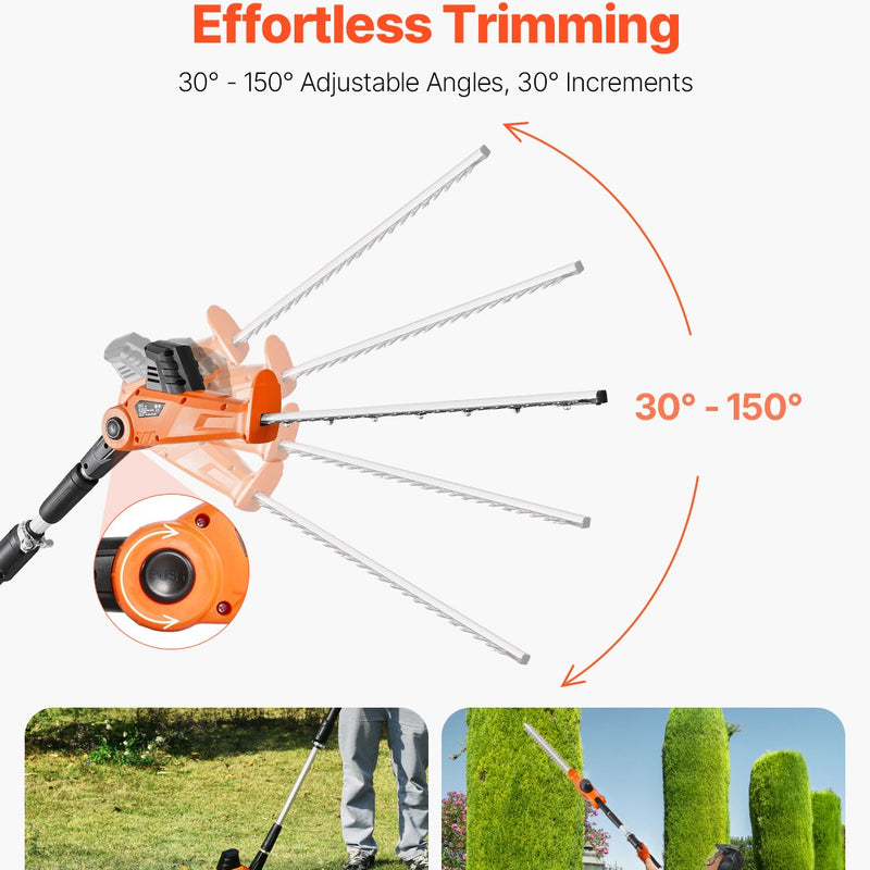 VEVOR bezvadu elektriskais dzīvžogu griezējs ar 20 V akumulatoru, 1200 apgr./min, pagarināms no 1,9 m līdz 2,4 m, 510 mm asmens, 5 leņķu regulēšana augstu zaru un dārza kopšanai