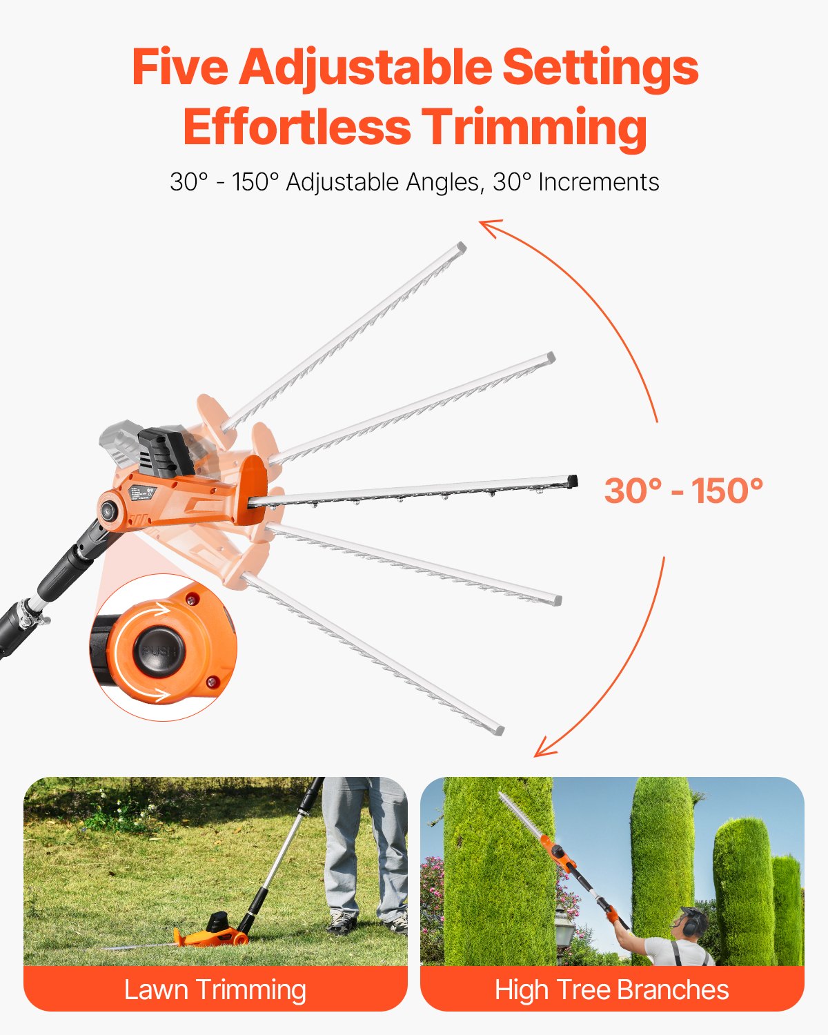 VEVOR Cordless Electric Hedge Trimmer with 20 V Battery, 1200 RPM, Extendable from 1.9 m to 2.4 m, 510 mm Blade, 5-Angle Adjustment for High Branches and Garden Maintenance
