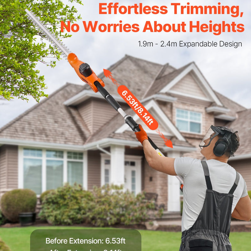 VEVOR bezvadu elektriskais dzīvžogu griezējs ar 20 V akumulatoru, 1200 apgr./min, pagarināms no 1,9 m līdz 2,4 m, 510 mm asmens, 5 leņķu regulēšana augstu zaru un dārza kopšanai