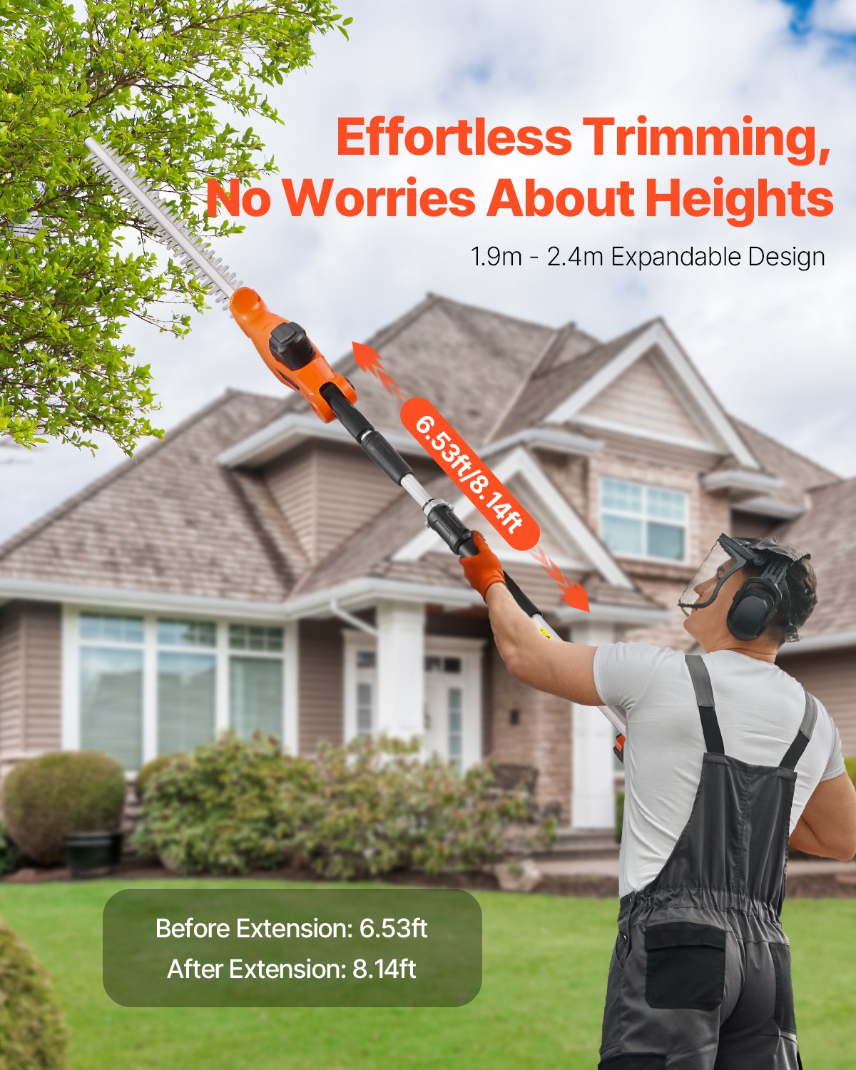 VEVOR Cordless Electric Hedge Trimmer with 20 V Battery, 1200 RPM, Extendable from 1.9 m to 2.4 m, 510 mm Blade, 5-Angle Adjustment for High Branches and Garden Maintenance