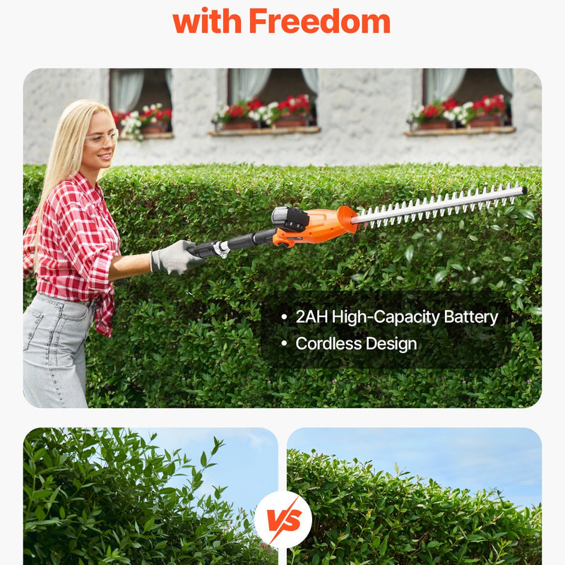 VEVOR bezvadu elektriskais dzīvžogu griezējs ar 20 V akumulatoru, 1200 apgr./min, pagarināms no 1,9 m līdz 2,4 m, 510 mm asmens, 5 leņķu regulēšana augstu zaru un dārza kopšanai