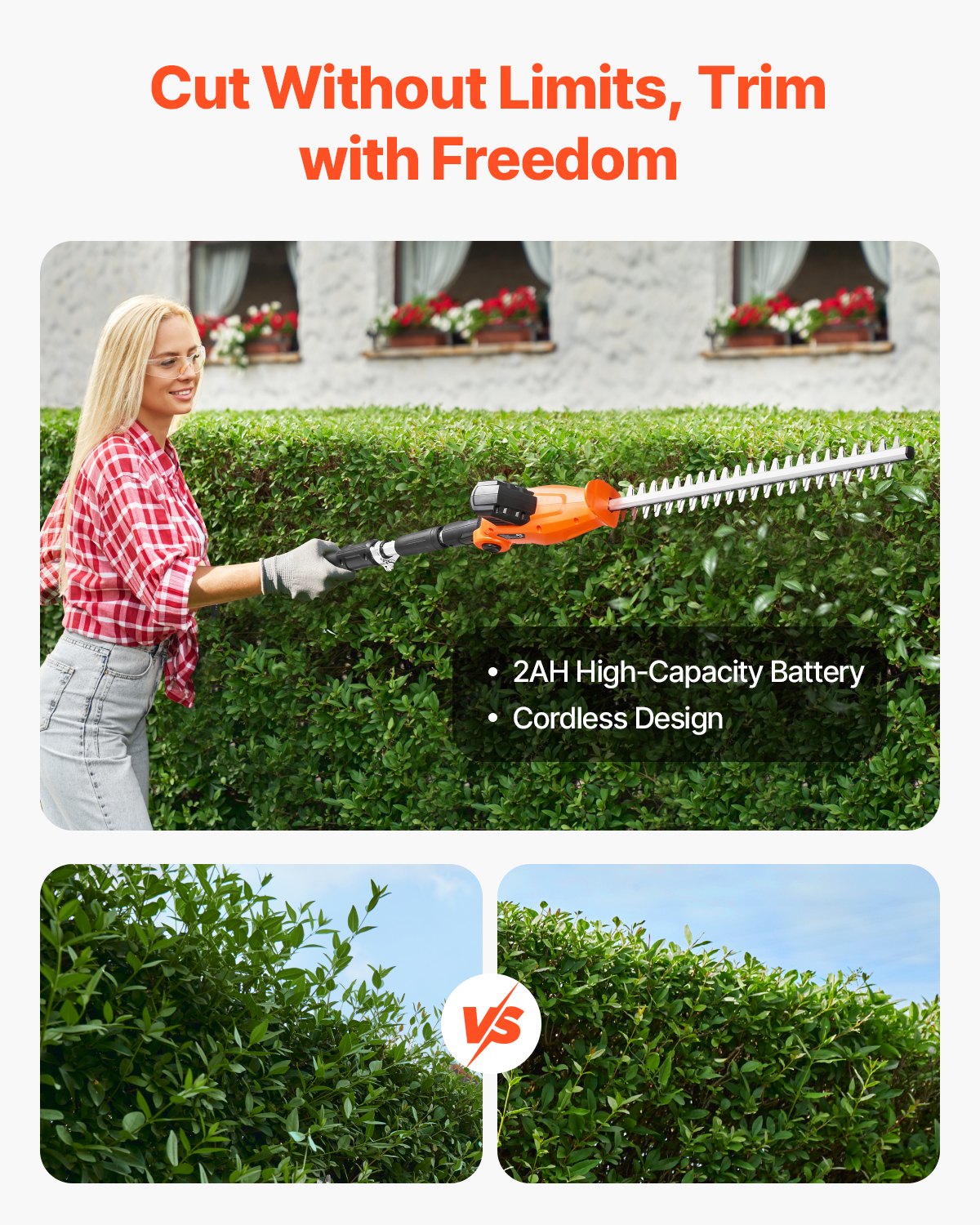 VEVOR Cordless Electric Hedge Trimmer with 20 V Battery, 1200 RPM, Extendable from 1.9 m to 2.4 m, 510 mm Blade, 5-Angle Adjustment for High Branches and Garden Maintenance