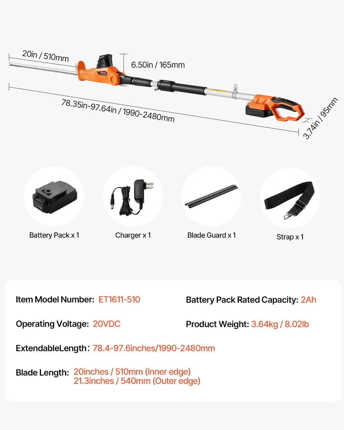 VEVOR Cordless Electric Hedge Trimmer with 20 V Battery, 1200 RPM, Extendable from 1.9 m to 2.4 m, 510 mm Blade, 5-Angle Adjustment for High Branches and Garden Maintenance