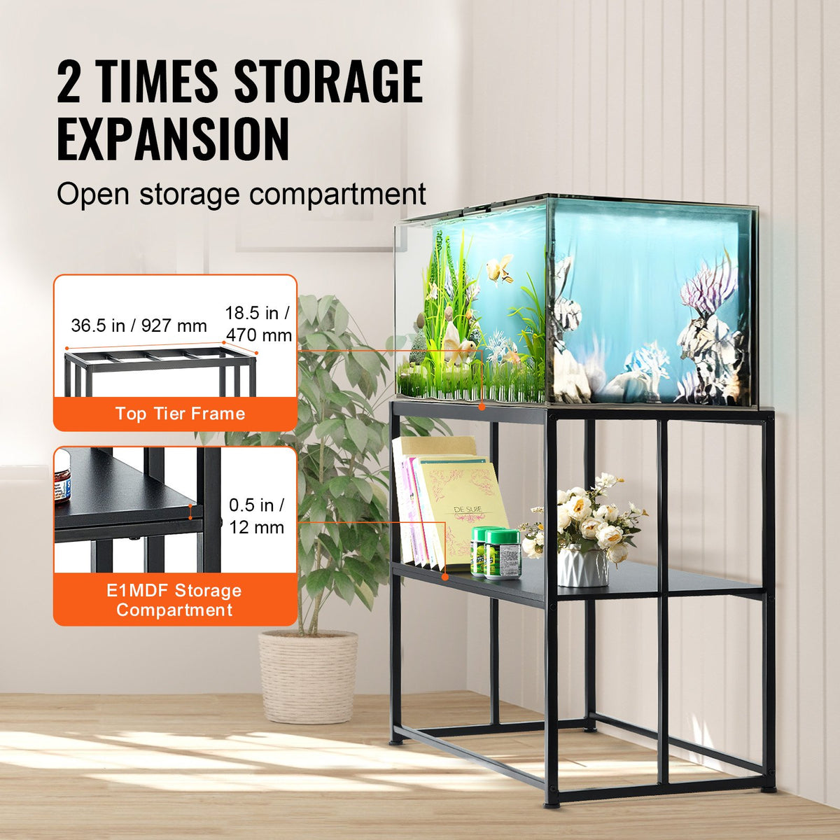 VEVOR Aquarium Stand with Storage and Non-Slip Feet, Steel, 151 l, Black