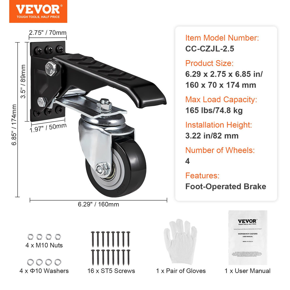 VEVOR darbgalda ritentiņi, 75 kg slodzes ietilpība, 4 gab. komplekts, 6,35 cm izturīgi ievelkami ritentiņi, sānos stiprināmi regulējami nolaižamie riteņi ar 360° grozāmu mehānismu, piemēroti darbgaldiem, galdiem un iekārtām.