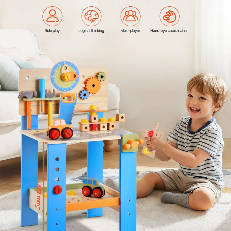 VEVOR bērnu darba galds, 62 detaļas, koka instrumentu darbagalds bērniem no 3 gadu vecuma, rotaļu darba galds ar reālistiskiem instrumentiem, radošs un izglītojošs būvniecības rotaļu komplekts zēniem un meitenēm