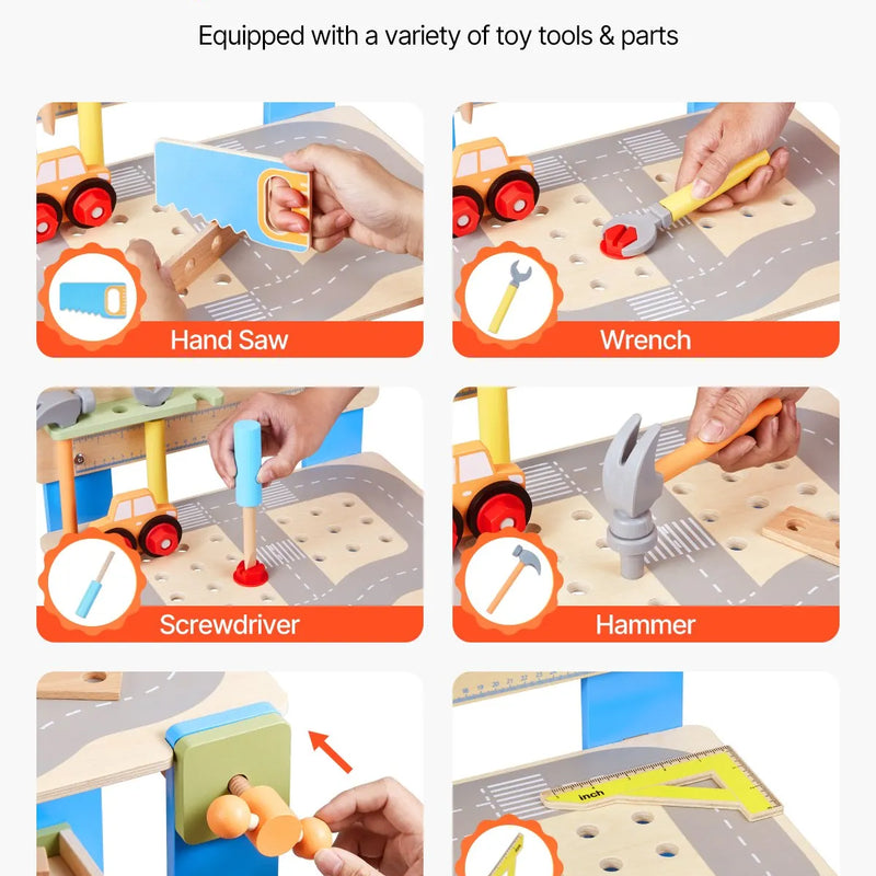 VEVOR bērnu darba galds, 62 detaļas, koka instrumentu darbagalds bērniem no 3 gadu vecuma, rotaļu darba galds ar reālistiskiem instrumentiem, radošs un izglītojošs būvniecības rotaļu komplekts zēniem un meitenēm