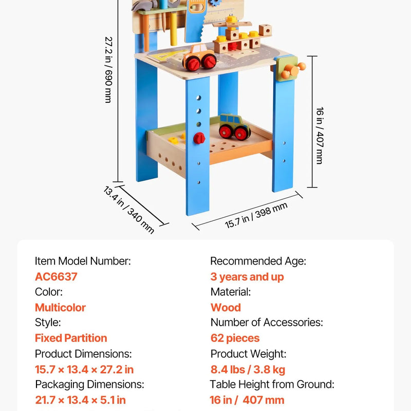 VEVOR bērnu darba galds, 62 detaļas, koka instrumentu darbagalds bērniem no 3 gadu vecuma, rotaļu darba galds ar reālistiskiem instrumentiem, radošs un izglītojošs būvniecības rotaļu komplekts zēniem un meitenēm