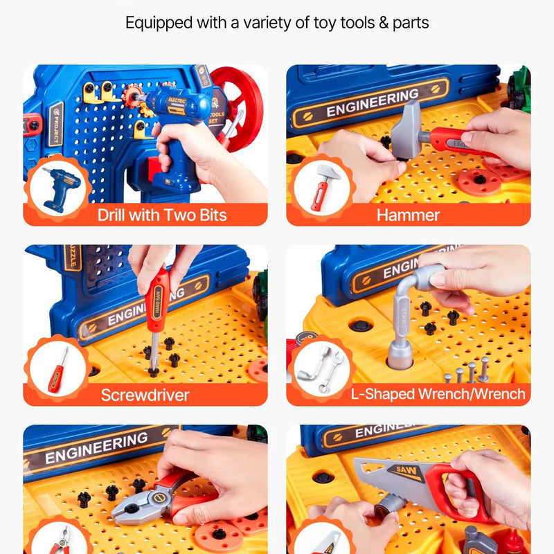 VEVOR bērnu darba galds, 181 detaļa, rotaļu instrumentu darbagalds ar reālistiskiem instrumentiem un elektrisko urbi, lomu spēļu būvniecības darbnīcas rotaļlieta maziem bērniem, izglītojoša dāvana zēniem un meitenēm no 3 gadu vecuma
