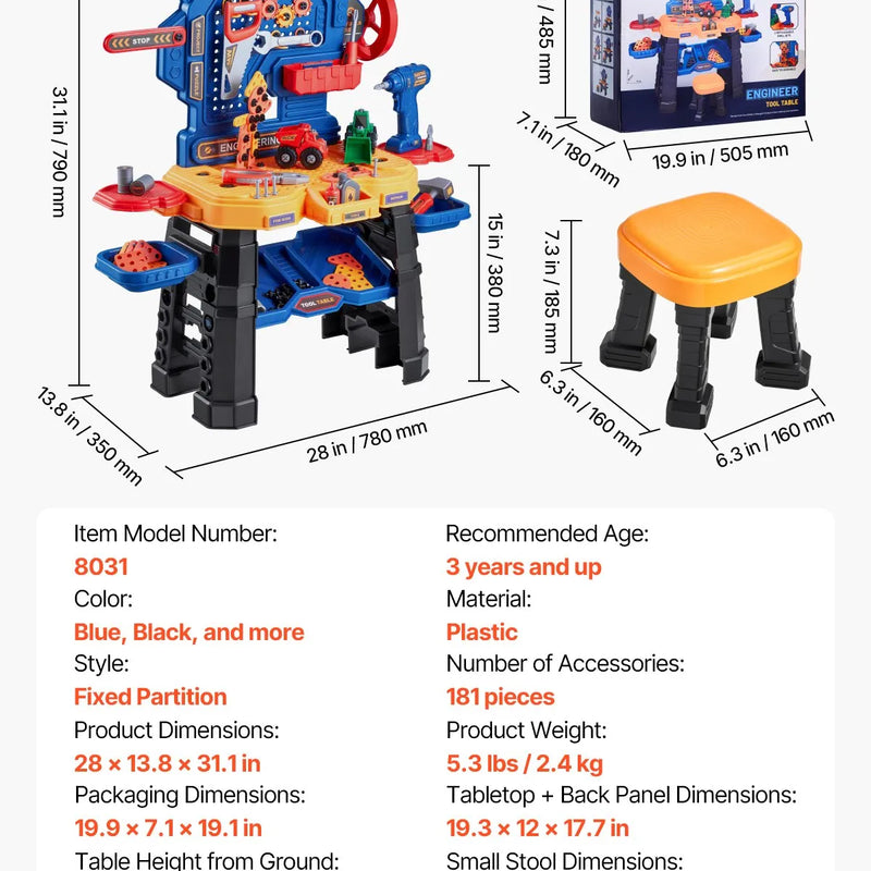 VEVOR bērnu darba galds, 181 detaļa, rotaļu instrumentu darbagalds ar reālistiskiem instrumentiem un elektrisko urbi, lomu spēļu būvniecības darbnīcas rotaļlieta maziem bērniem, izglītojoša dāvana zēniem un meitenēm no 3 gadu vecuma