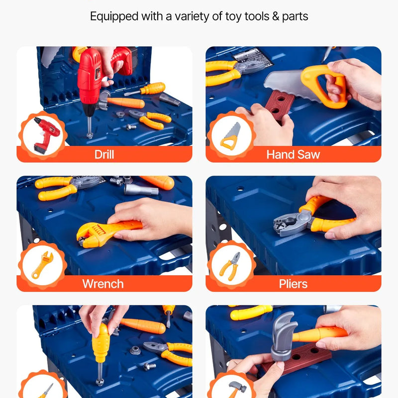 VEVOR bērnu darba galds, 56 detaļas, rotaļu instrumentu darbagalds ar reālistiskiem instrumentiem un elektrisko urbi, lomu spēļu būvniecības darba galds maziem bērniem, izglītojoša dāvana zēniem un meitenēm no 3 gadu vecuma