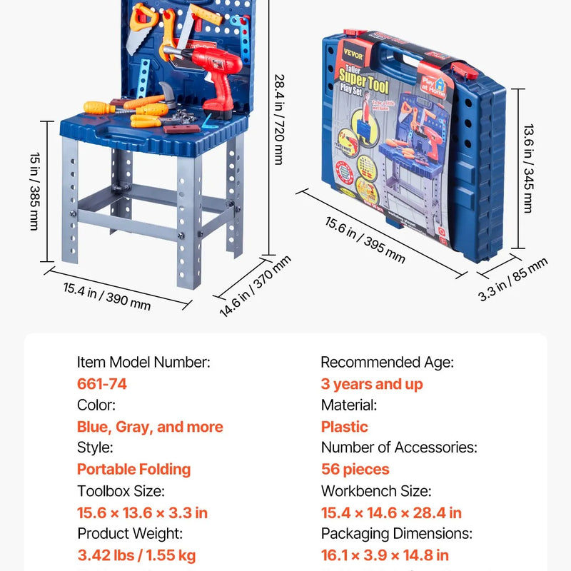 VEVOR bērnu darba galds, 56 detaļas, rotaļu instrumentu darbagalds ar reālistiskiem instrumentiem un elektrisko urbi, lomu spēļu būvniecības darba galds maziem bērniem, izglītojoša dāvana zēniem un meitenēm no 3 gadu vecuma