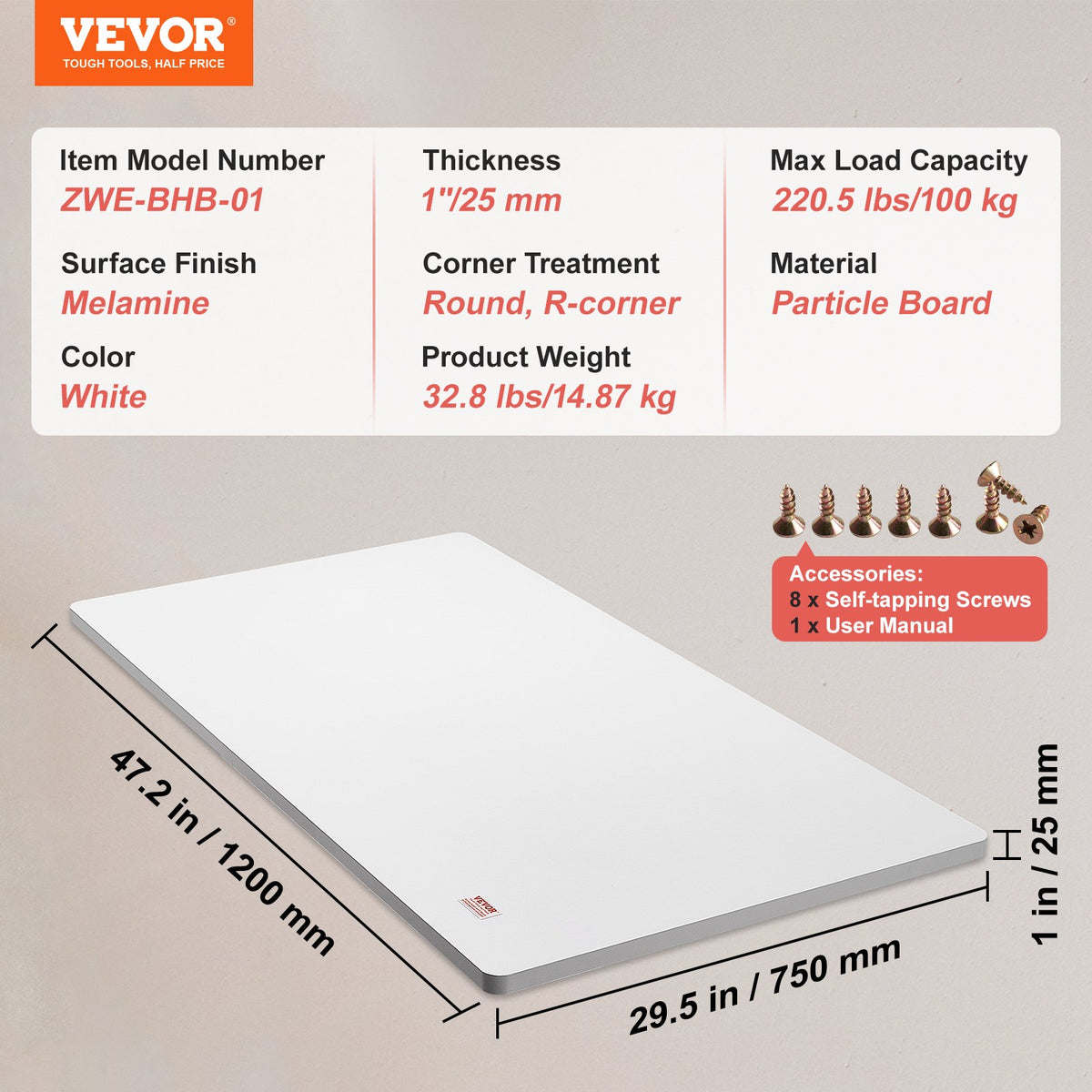 VEVOR skaidu plātnes galda virsma, 1200 × 750 × 25 mm, kravnesība 100 kg, viengabala konstrukcija, piemērota augstuma regulējamiem elektriskiem galda rāmjiem, taisnstūra virsma mājai un birojam
