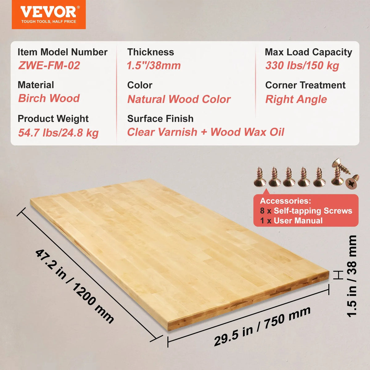 VEVOR masīvkoka galda virsma, 1200 × 750 × 38 mm, kravnesība 150 kg, viengabala kļavas koks, piemērota augstuma regulējamiem elektriskiem galda rāmjiem, taisnstūra virsma mājas birojam