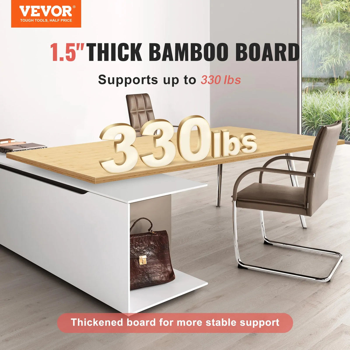 VEVOR bambusa galda virsma, 1800 × 735 × 38 mm, kravnesība 150 kg, viengabala konstrukcija, piemērota augstuma regulējamiem elektriskiem galda rāmjiem, taisnstūra virsma mājai un birojam