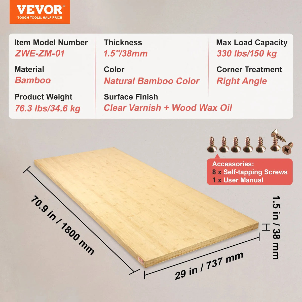 VEVOR bambusa galda virsma, 1800 × 735 × 38 mm, kravnesība 150 kg, viengabala konstrukcija, piemērota augstuma regulējamiem elektriskiem galda rāmjiem, taisnstūra virsma mājai un birojam