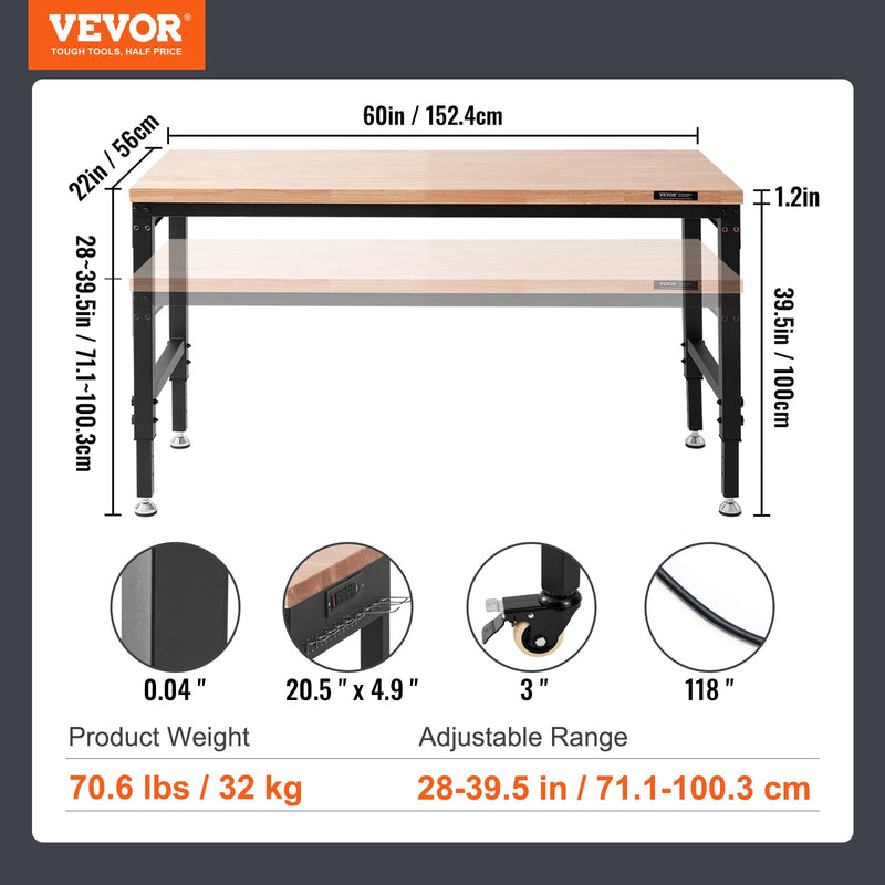 VEVOR darba galds ar strāvas kontaktligzdu, darba virsma 152.4 x 55.9 x (71,1–100,3 cm) cm, darbnīcas galdu ar slodzes kapacitāti 907 kg