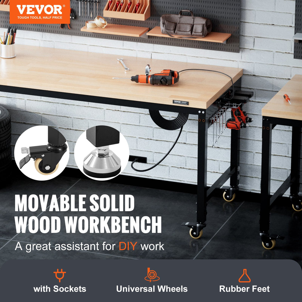 VEVOR Work Table with Power Outlet, 183x63.5x100 cm Work Surface, Workshop Table with 1361 kg Load Capacity